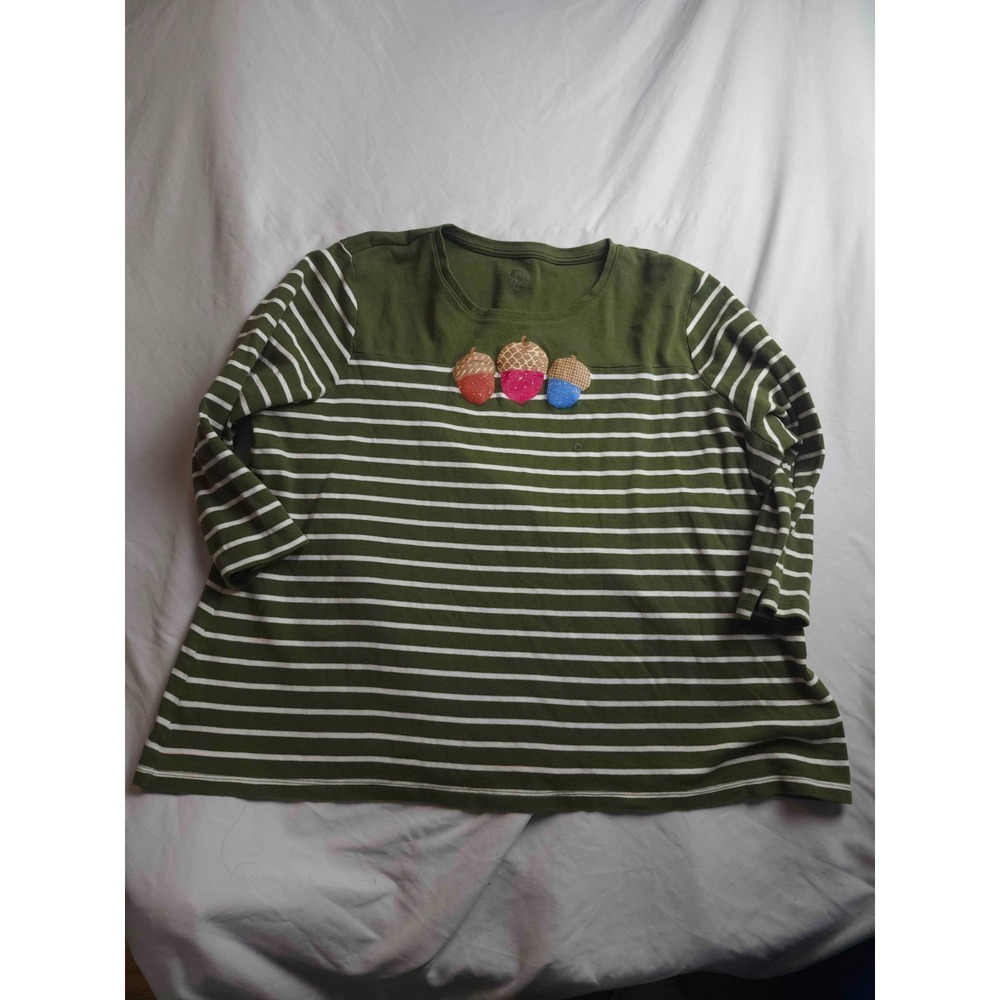 Kim Rogers Perfectly Soft Shirt Womens 2XL Green Striped‎ Acorn Long Sleeves